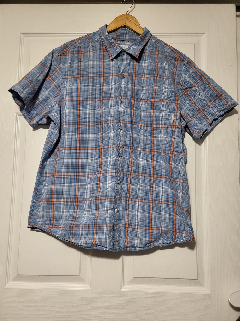 Columbia Men’s Short Sleeve Plaid Button Up Shirt Size Large Blue Orange Cotton